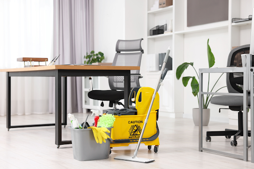 Professional cleaning supplies used to clear out a corner office